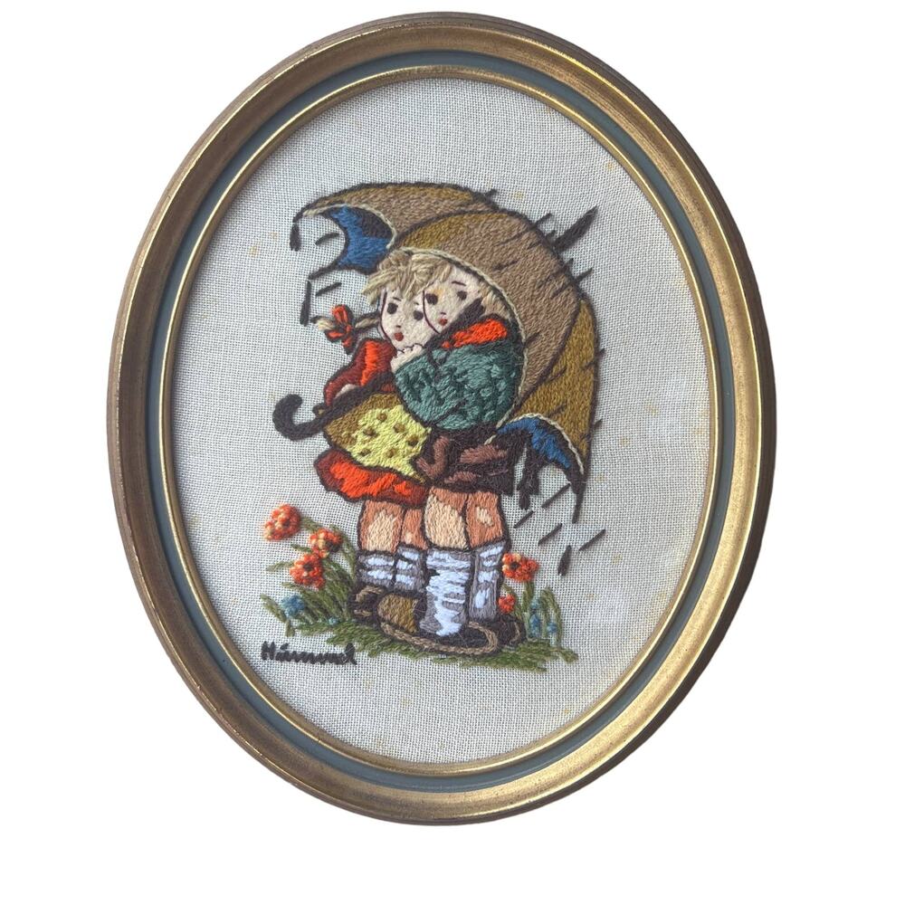 Vintage 70s Framed Finished Crewel Rainy Day Umbrella KidsHummel Embroidery